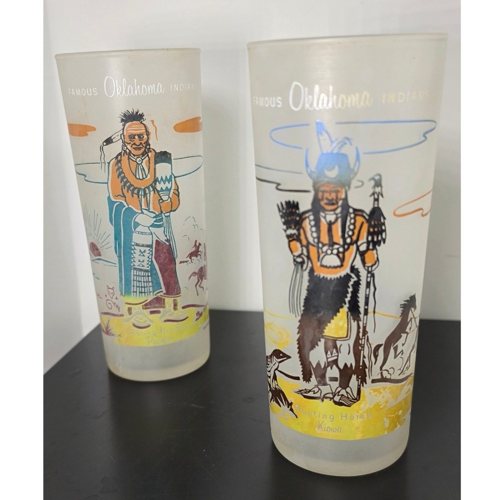 2 Vintage Famous Oklahoma Indians Frosted Glass Tumblers Acee Blue Eagle Native